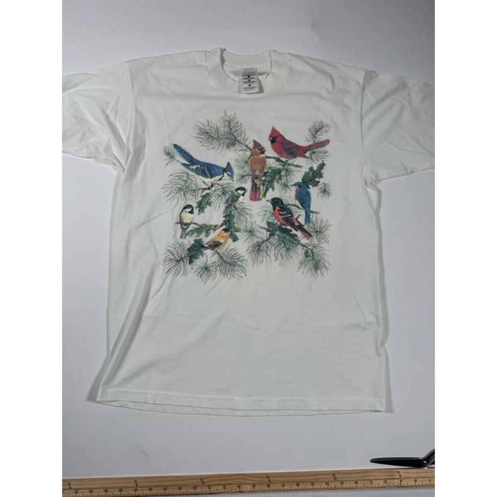 Fruit of the Loom White T-Shirt with Colorful Bird Print L